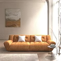Modern Orange Sofa Set With White Cushions Abstract Wall Art And Books On Side Table