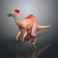 Realistic Dinosaur With Red Crest And Orange Back Feathers Standing On Gray Background With Reflection 3d model