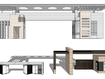 Modern Entrance Gate Design Featuring Stone Columns Glass Panels And Roof Structure 3d model