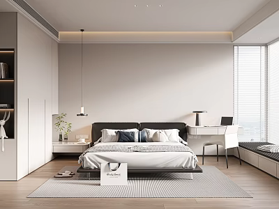 Modern Minimalist Bedroom Interior With Wooden Floor Large Window Desk Wardrobe And Rug 3d model