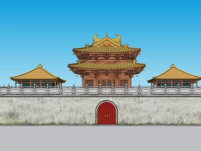 Ancient Architecture Hall Featuring Yellow Roof Side Pavilions Red Arched Gate And Blue Sky 3d model