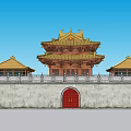Ancient Architecture Hall Featuring Yellow Roof Side Pavilions Red Arched Gate And Blue Sky