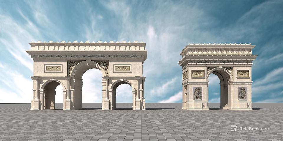 Classical Entrance Gate With Arch Design Relief Carvings And Blue Sky Background 3d model 