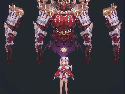 Small White Haired Character And Giant Red Gold Armored Creature With Intricate Ornate Design Features 3d model