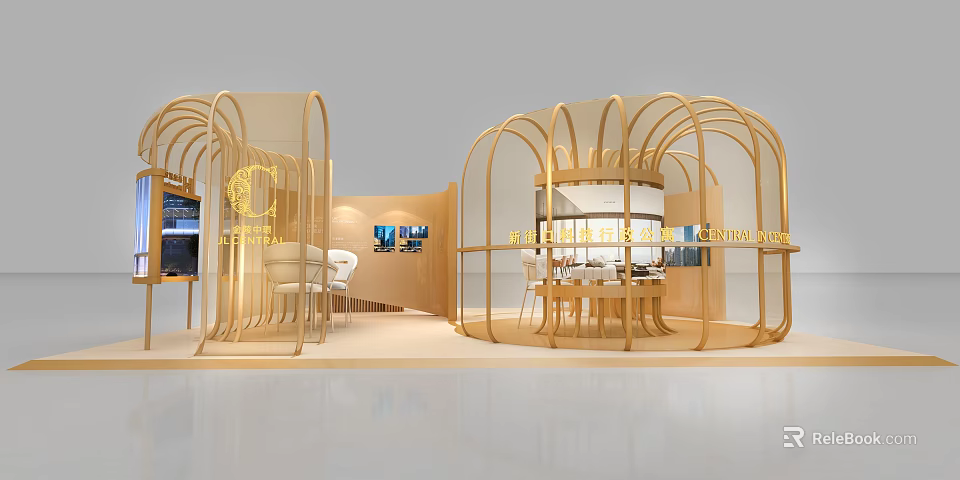 Modern Exhibition Booth With Curved Golden Structures And Interior Furniture 3d model 