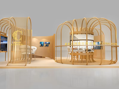 Modern Exhibition Booth With Curved Golden Structures And Interior Furniture 3d model