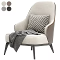 Modern Beige Fabric Armchair with Leather Armrests Geometric Pillow and Gray Blanket