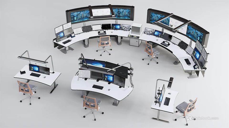 Modern Office Desks With Curved Design Multiple Monitors And Ergonomic Chairs 3d model 