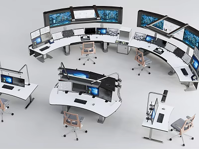 Modern Office Desks With Curved Design Multiple Monitors And Ergonomic Chairs 3d model