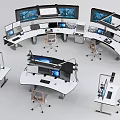 Modern Office Desks With Curved Design Multiple Monitors And Ergonomic Chairs