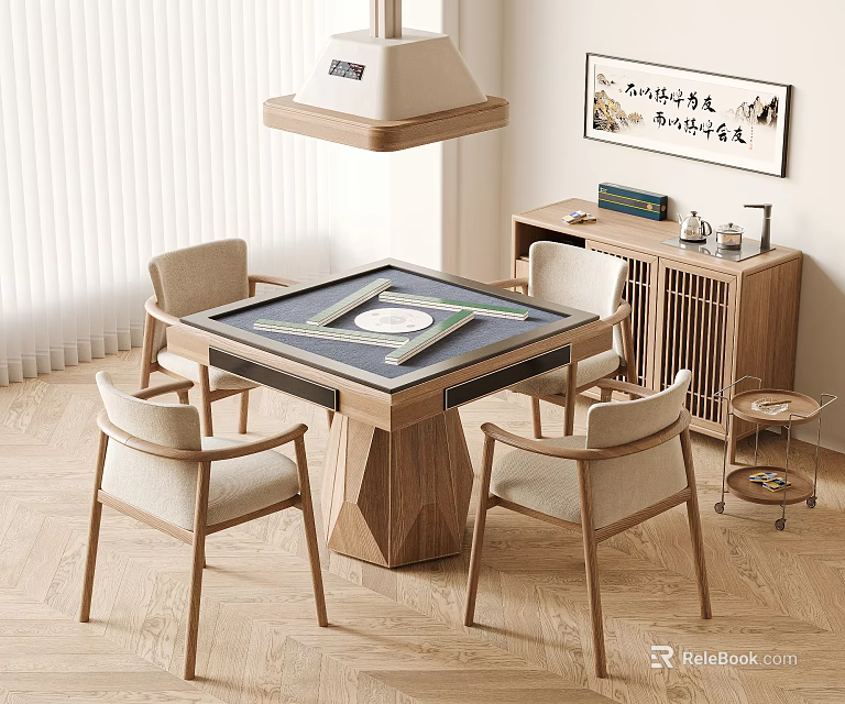 Modern Mahjong Room Interior With Wooden Table Chairs Pendant Light Cabinet And Calligraphy Art 3d model 