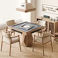 Modern Mahjong Room Interior With Wooden Table Chairs Pendant Light Cabinet And Calligraphy Art