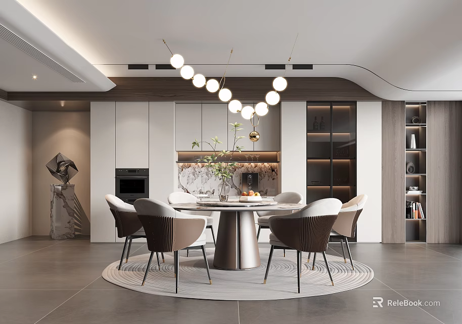 Modern Restaurant Interior Design With Round Dining Table Chairs And Pendant Lights 3d model 