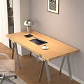 Modern Wooden Office Desk With Metal Legs Beige Chair Silver Lamp Laptop And Coffee Cup