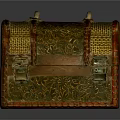 Vintage Wooden Chest With Carved Patterns Gold Accents And Metal Clasps