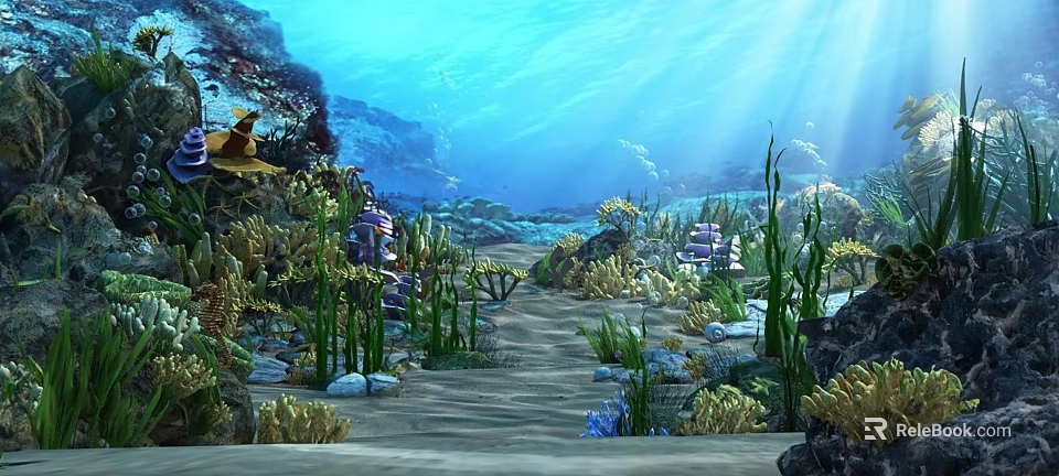 Underwater Marine Landscape With Sunlight Rays Colorful Corals Tall Seagrass And Scattered Rocks 3d model 