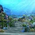 Underwater Marine Landscape With Sunlight Rays Colorful Corals Tall Seagrass And Scattered Rocks