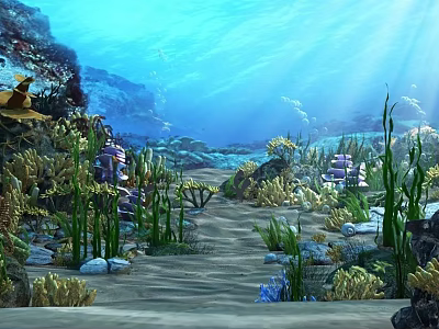 Underwater Marine Landscape With Sunlight Rays Colorful Corals Tall Seagrass And Scattered Rocks 3d model
