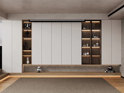 Modern TV Background Cabinet With White Panels Wooden Shelves And LED Strip Lights 3d model