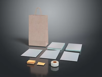 Brown Paper Bag With White Square Pads Yellow Blocks And Tape Roll 3d model