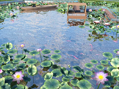 Tranquil Garden Water Feature With Lily Pads Lotus Flowers Koi Fish And Small Boat 3d model