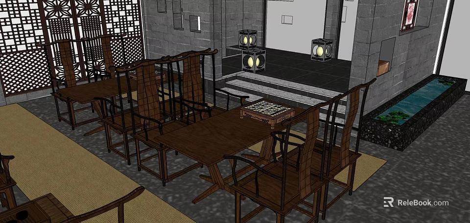 Traditional Chinese Dining Room With Wooden Tables Chairs Lanterns And Screen 3d model 