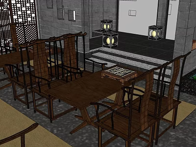 Traditional Chinese Dining Room With Wooden Tables Chairs Lanterns And Screen 3d model