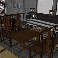 Traditional Chinese Dining Room With Wooden Tables Chairs Lanterns And Screen