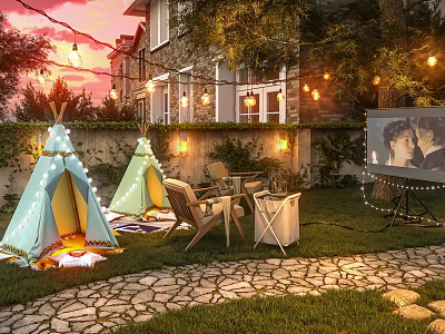 Cozy Backyard Garden Landscape With Teepees String Lights Outdoor Seating And Projector Screen At Sunset 3d model