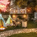 Cozy Backyard Garden Landscape With Teepees String Lights Outdoor Seating And Projector Screen At Sunset
