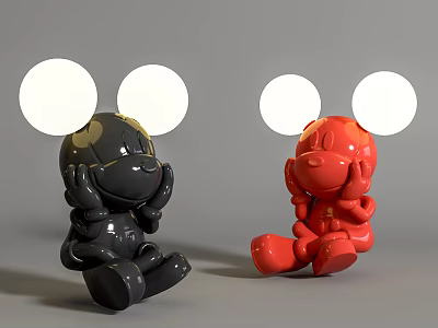 Black and Red Cartoon Table Lamps with Big Round Ears Shiny Glossy Seated Figurine Design 3d model