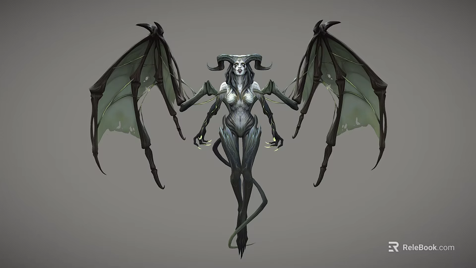 Eerie Dark Fantasy Game and Movie Character with Horns Wings Skeletal Features and Tail 3d model 