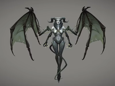 Eerie Dark Fantasy Game and Movie Character with Horns Wings Skeletal Features and Tail 3d model