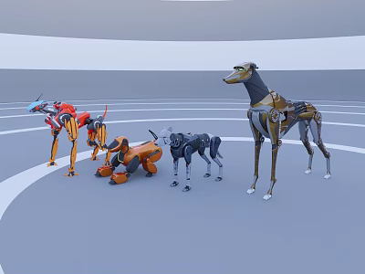 Various Robotic Dogs With Red Orange Black Gold Designs On Gray Floor White Circular Lines 3d model