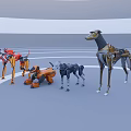 Various Robotic Dogs With Red Orange Black Gold Designs On Gray Floor White Circular Lines