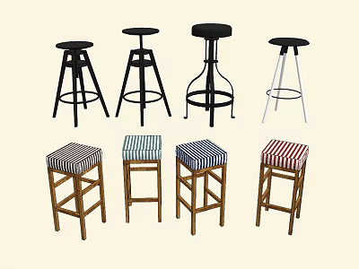 Stylish Bar Stools With Wooden And Metal Frames And Various Striped Seat Designs 3d model