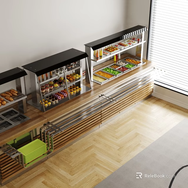 Modern Metal And Wooden Display Shelves With Fruits Bread And Beverages In Retail Store 3d model 