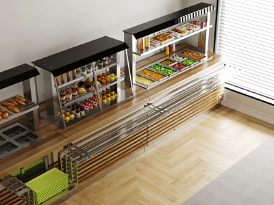 Modern Metal And Wooden Display Shelves With Fruits Bread And Beverages In Retail Store 3d model
