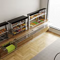 Modern Metal And Wooden Display Shelves With Fruits Bread And Beverages In Retail Store