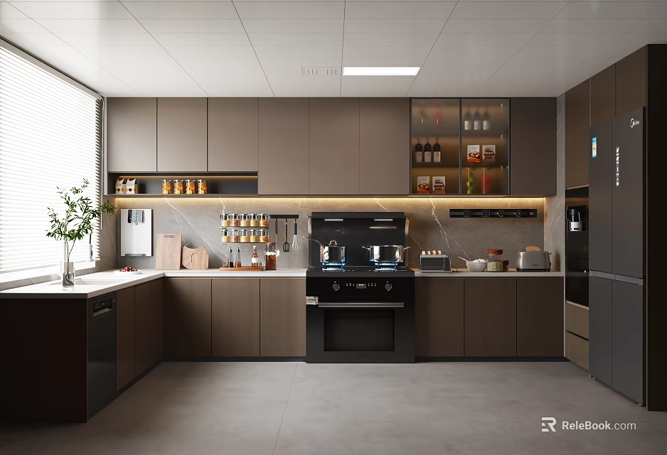 Modern Kitchen Interior With Dark Cabinets Appliances Window Plant And Countertop 3d model 