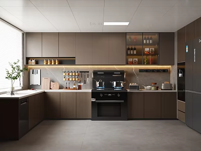 Modern Kitchen Interior With Dark Cabinets Appliances Window Plant And Countertop 3d model