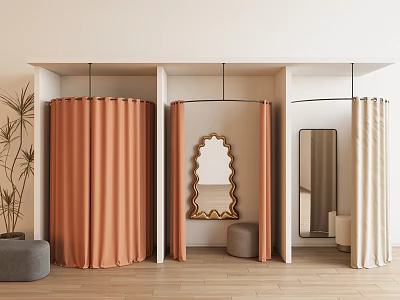 Clothing Store With Modern Fitting Rooms Orange Beige Curtains Scalloped Mirrors Plant And Wooden Floor 3d model