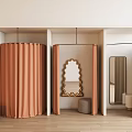 Clothing Store With Modern Fitting Rooms Orange Beige Curtains Scalloped Mirrors Plant And Wooden Floor