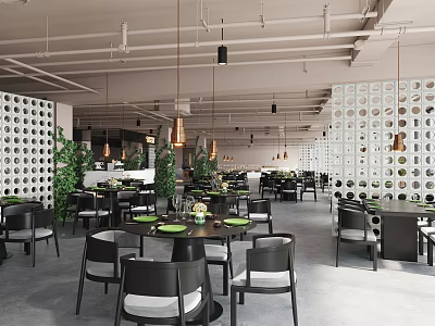 Modern Restaurant Interior With Black Chairs White Cushions Green Plates Pendant Lights And Perforated Walls 3d model