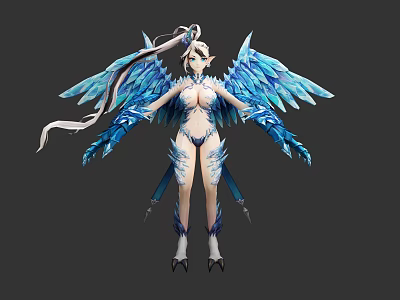 Detailed Female Elf Game Movie Character With Blue Wings Intricate Tattoos And White Outfit 3d model