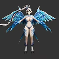 Detailed Female Elf Game Movie Character With Blue Wings Intricate Tattoos And White Outfit
