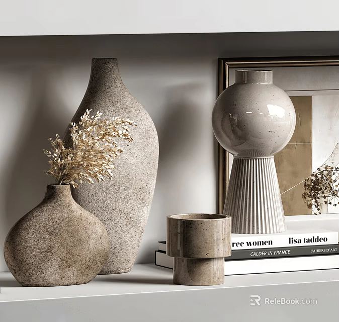 Neutral Tones Ceramic Decorative Vases Set With Dried Flowers And Books For Home Decor 3d model 