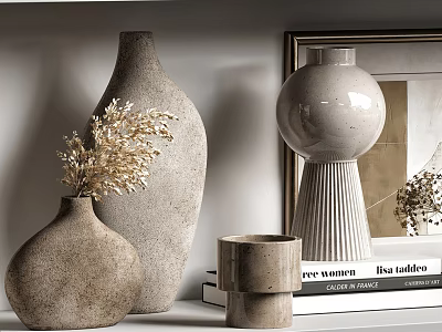 Neutral Tones Ceramic Decorative Vases Set With Dried Flowers And Books For Home Decor 3d model