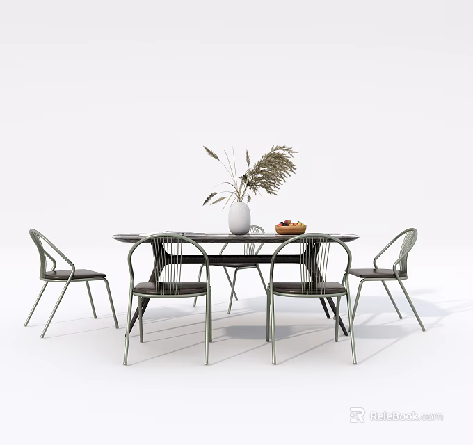 Modern Dining Table Set with Four Chairs Vase Dried Plants and Fruit Plate 3d model 