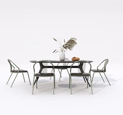 Modern Dining Table Set with Four Chairs Vase Dried Plants and Fruit Plate 3d model